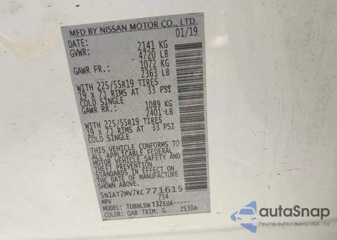 2019 Nissan Rogue Sl из США, поврежденный, VIN 5N1AT2MV7KC771615